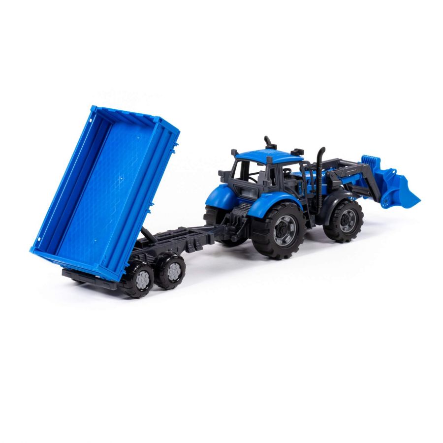 Трактор "Прогресс" с бортовым прицепом и ковшом инерционный (синий) (в коробке)