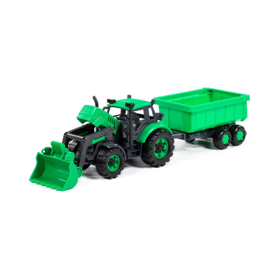 Трактор "Прогресс" с прицепом и ковшом инерционный (зелёный) (в коробке)