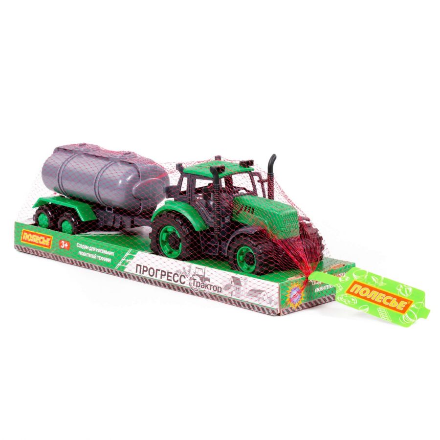 Трактор "Прогресс" с прицепом-цистерной инерционный (зелёный) (в лотке)