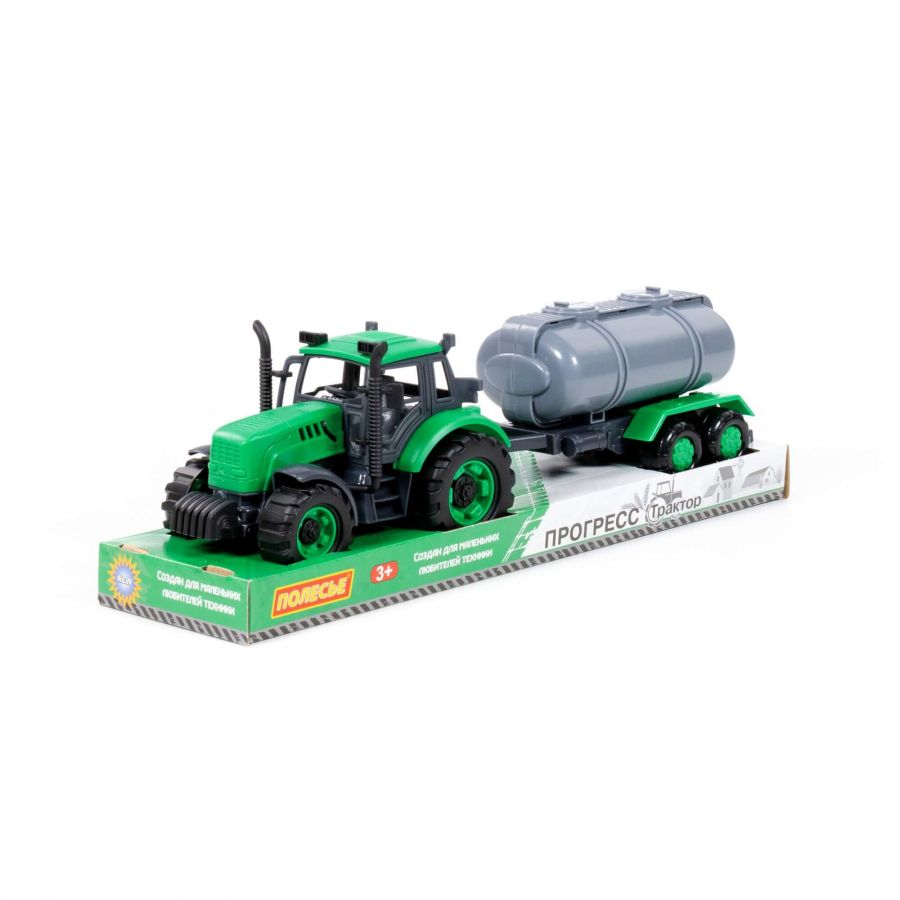 Трактор "Прогресс" с прицепом-цистерной инерционный (зелёный) (в лотке)