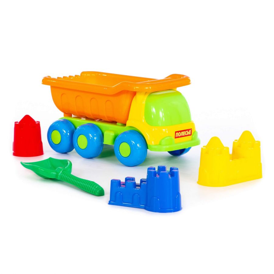 Набор №367: "Универсал", автомобиль-самосвал + лопата №6, формочки (замок мост + замок башня + замок стена с двумя башнями)