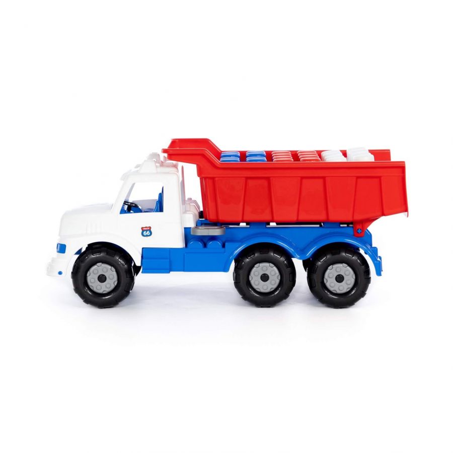 "Буран" №3, автомобиль-самосвал (бело-синий) + конструктор строительный "XXL", 5 элементов (в пакете)