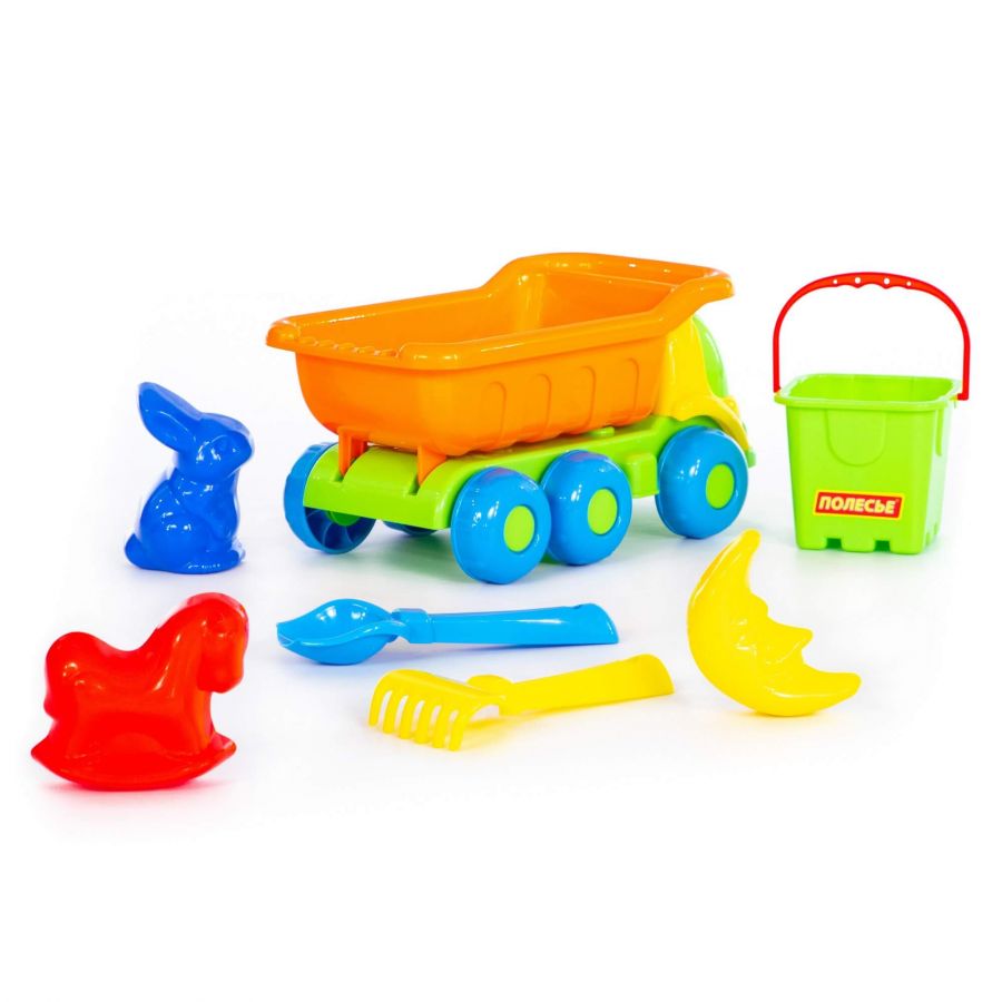 Набор №270: "Кеша", автомобиль-самосвал + ведро-крепость малое, совок №2, грабельки №2, формочки (заяц + лошадка + месяц)