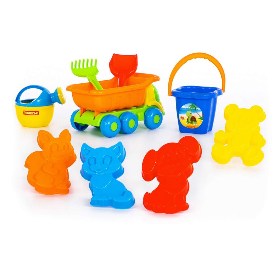 Набор №273 (в рюкзаке): "Кеша", автомобиль-самосвал + ведро-цветок среднее, лопатка №5, грабельки №5, формочки 4 шт, лейка малая №4