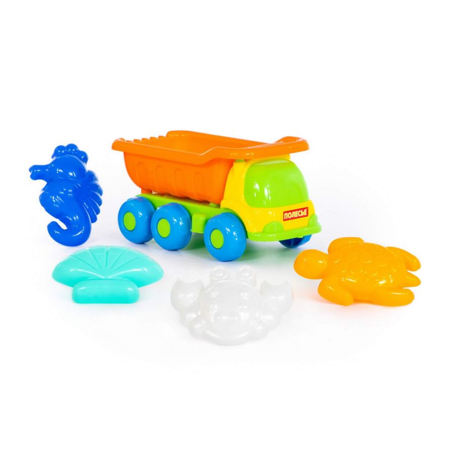 Набор №573: "Кеша", автомобиль-самосвал + формочки (краб №2 + морской конёк + ракушка №2 + черепаха)