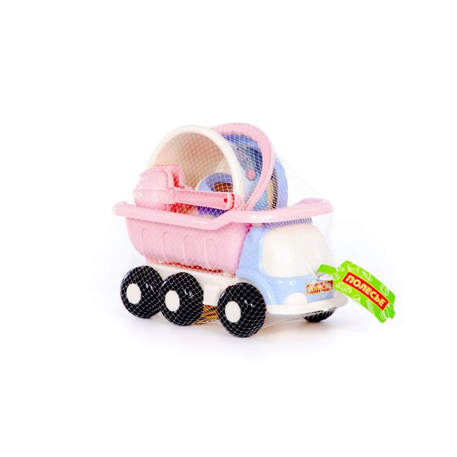 Набор №640 сафари: "Кеша", автомобиль-самосвал + ведро среднее с наклейкой, ситечко, совок №2, грабельки №2, лейка малая №3 (в сеточке)