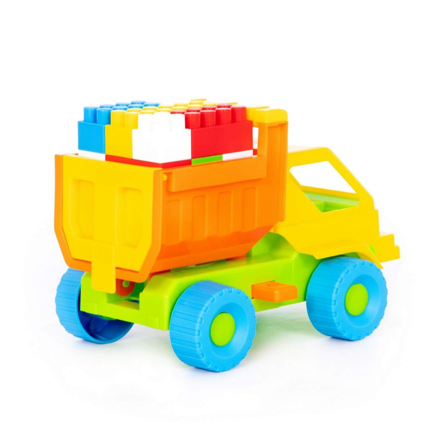 Набор №16: "Кузя", автомобиль-самосвал + конструктор "Строитель" (18 элементов)