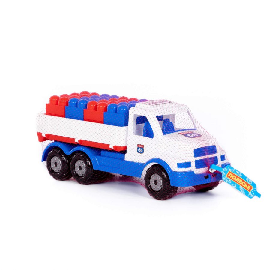 "Сталкер", автомобиль бортовой (бело-синий) + конструктор "Юниор" (20 элементов) (в сеточке)