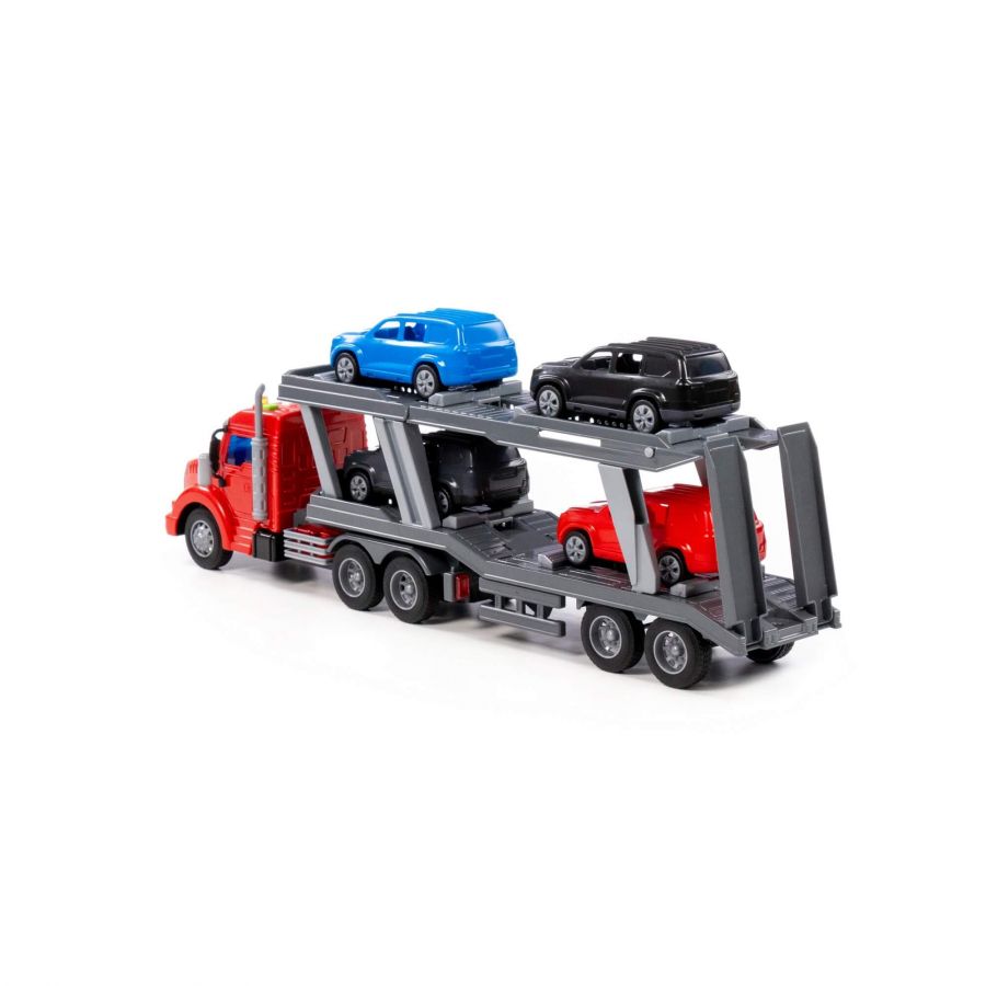 "Профи", автомобиль-тягач с полуприцепом-автовозом инерционный (со светом и звуком) + 4 автомобиль (в коробке)