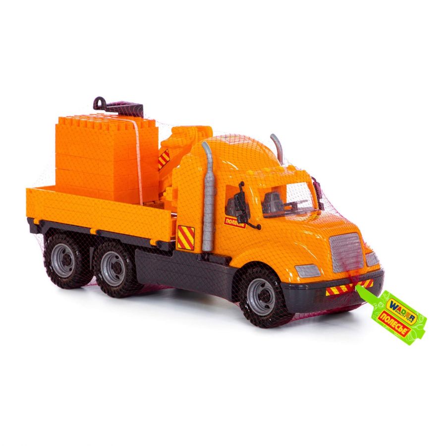 "Майк", автомобиль-кран с манипулятором + конструктор "Супер-Микс" - 30 элементов на поддоне (в сеточке)