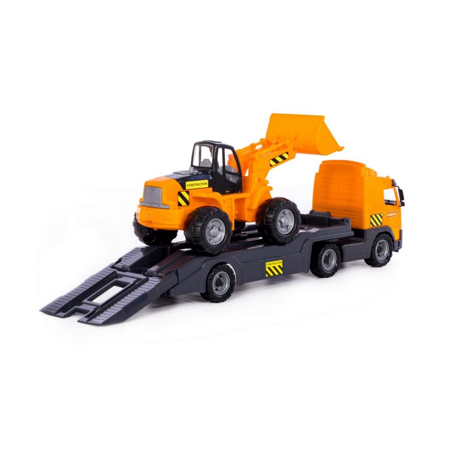 Автомобиль-трейлер + трактор-погрузчик (в сеточке)