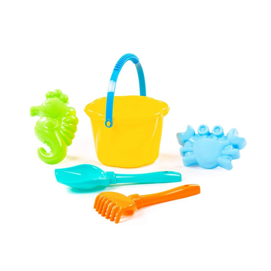 Набор №664: ведро-цветок среднее №4, лопатка №5, грабельки №5, формочки (краб №1 + морской конёк)