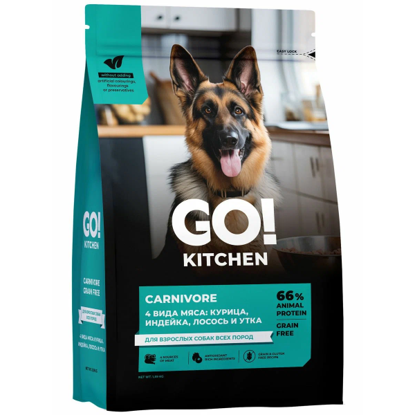 Сухой корм для собак Go! KITCHEN Carnovore 4 вида мяса с курицей индейкой лососем и уткой