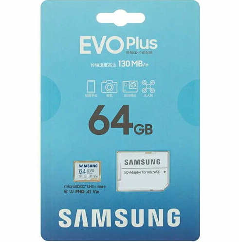 Карта памяти Samsung EVO plus c адаптером (130 МБ/с) 64 Гб