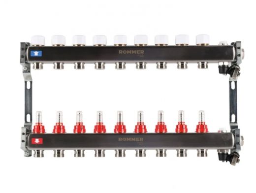 Колекторная группа для теплого пола из нержавеющей стали Rommer 1* х 3/4* - 9 выходов (с расходомерами, с клапаном выпыска воздуха и сливом)