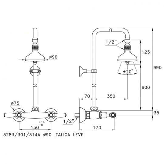 Душевой комплект Stella Italica Leve 3283/301/314A-90: смеситель штанга+верхний душ 90мм ФОТО