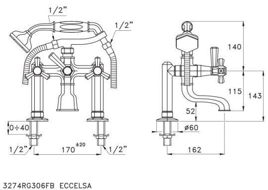 Смеситель Stella Eccelsa на борт ванны на 2 отверстия 3274RG306FB с ручным душем цвет: золото ФОТО