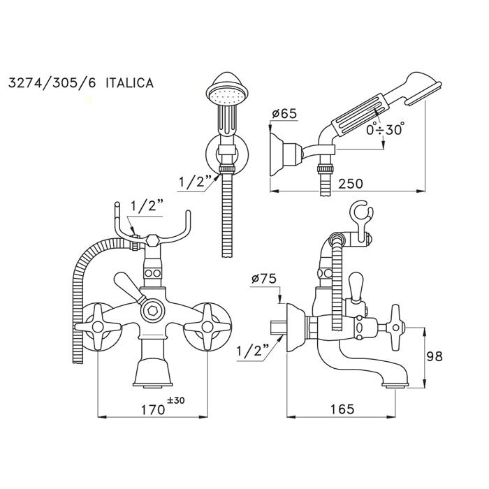 Смеситель Stella Italica для ванны 3274/305/6 с ручным душем схема 2