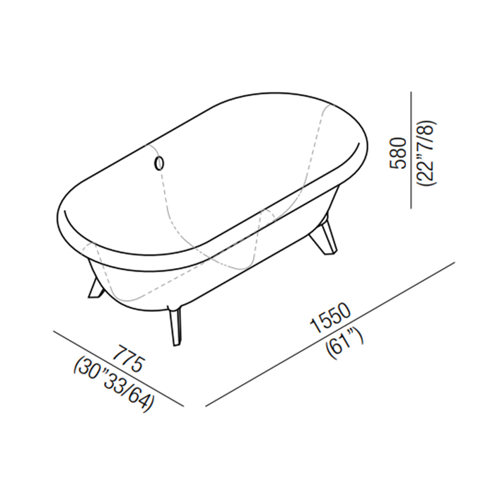 Ванна отдельностоящая Agape Ottocento Small 155x77.5x58 см слив-перелив нержавеющая сталь схема 2