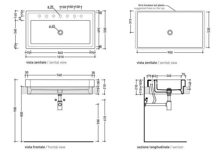 Встраиваемая сверху раковина Flaminia Acquagrande 100 Recessed Basin 101х55 ФОТО