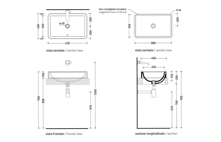 Встраиваемая сверху раковина Flaminia Nile 62 Recessed Basin 62х40 ФОТО