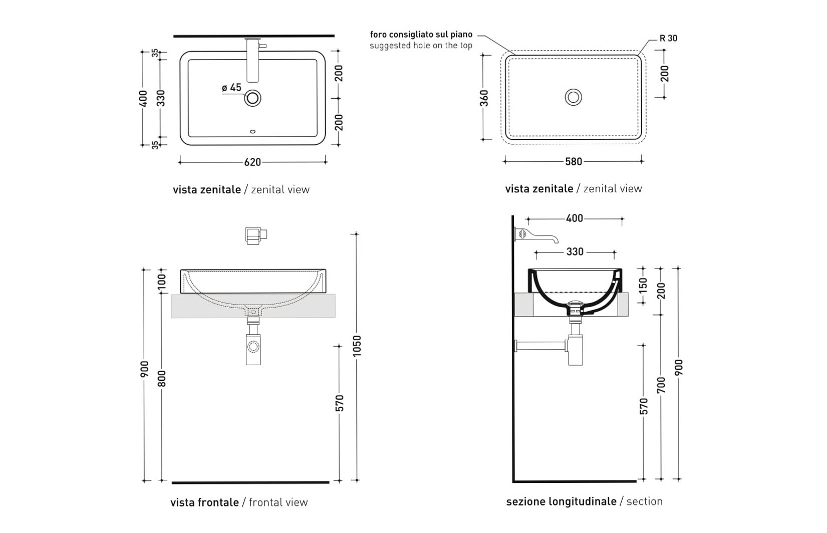 Встраиваемая сверху раковина Flaminia Nile 62 Recessed Basin 62х40 схема 5