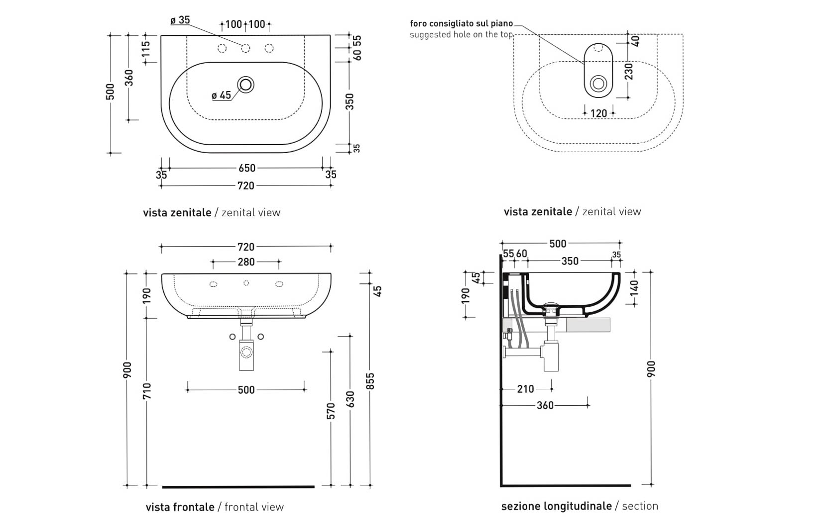 Раковина Flaminia Pass 70 Countertop - Wall Hung Basin 72х50 схема 5