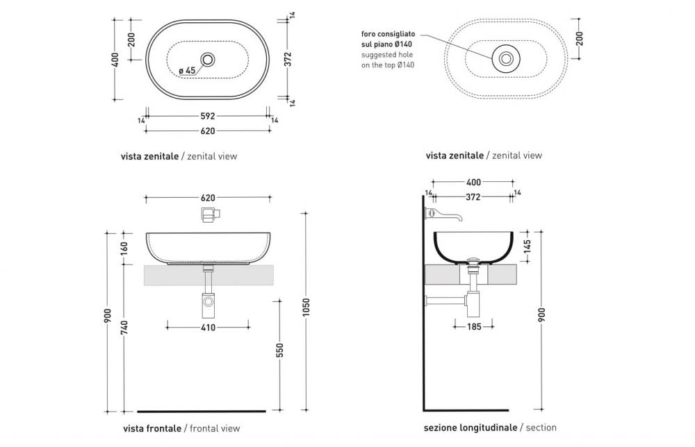 Раковина Flaminia Pass 62 Countertop Basin 62х40 схема 3