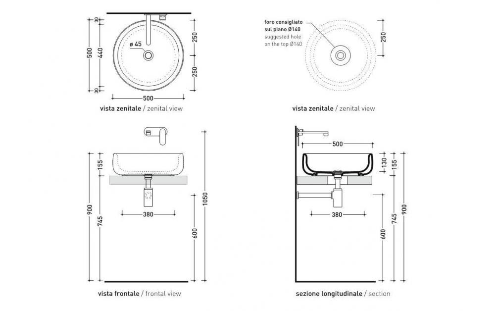 Раковина Flaminia Bonola 50 Countertop Or Suitable For Pedestal Basin 50х50 схема 11