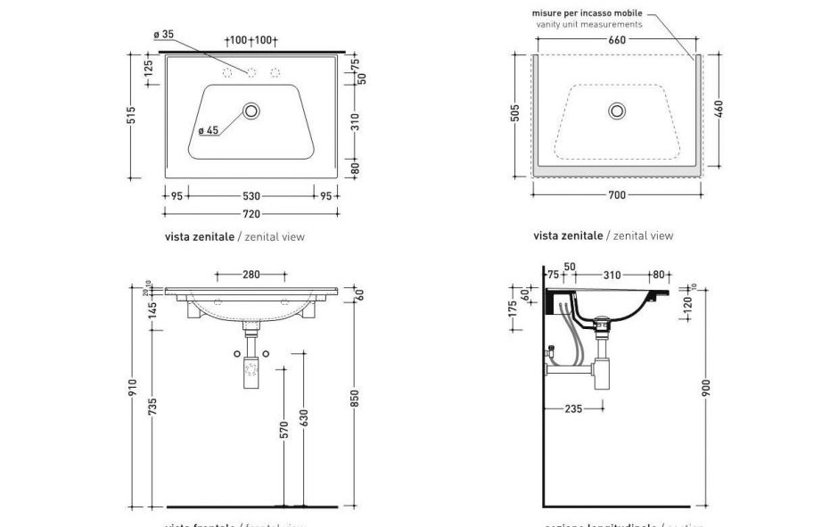 Подвесная раковина Flaminia Bloom 70 Wall Hung - For Furniture Console 72х515 ФОТО