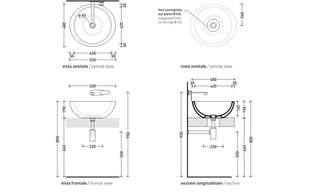 Раковина Flaminia Fonte 52 Countertop Basin 52х48 схема 2