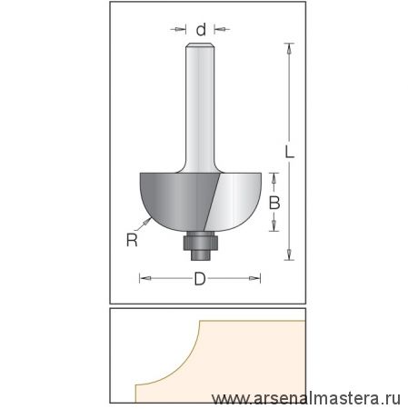 Концевая фасонная фреза "полугалтель" D 28,6 мм B 14,3 мм L 60,5 мм d 12 мм R 9,5 мм DIMAR 1120109
