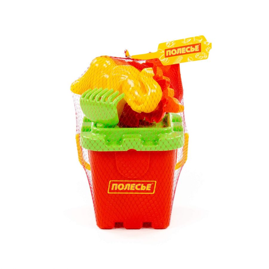 Набор №287: ведро-крепость большое, ситечко-крепость большое, лопатка №5, грабельки №5, формочки (тигр + мамонт + динозавр №1 + динозавр №2)