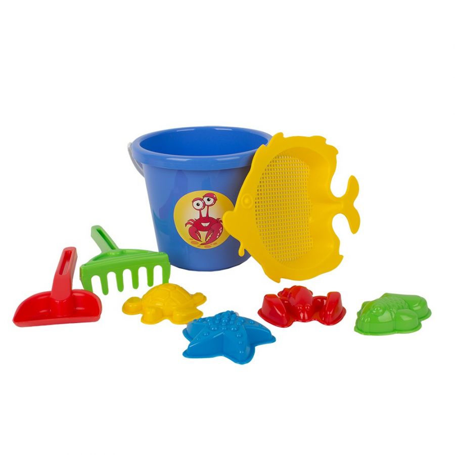 Песочный набор мультяшка «Дай Краба!» (4 формочки для песка, ведро большое, совок, грабли, сито)