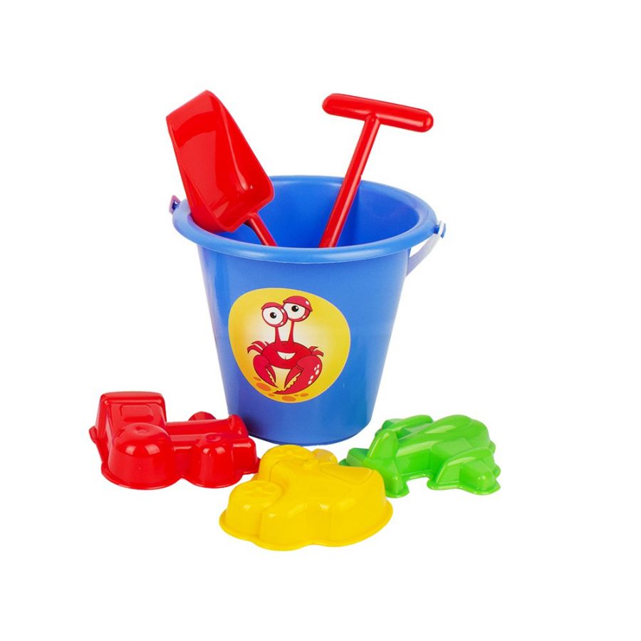 Песочный набор мультяшка «Едем? Едем!» (4 формочки для песка, совок, грабли, ведро детское)