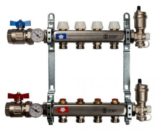 Stout 1"x3/4" на 4 выхода коллектор для радиаторного отопления из нерж. стали (SMS-0912-000004)