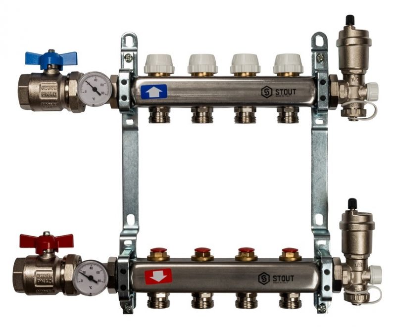 Stout 1"x3/4" на 4 выхода коллектор для радиаторного отопления из нерж. стали (SMS-0912-000004)