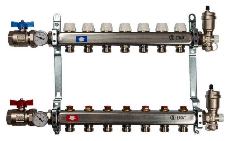 Stout 1"x3/4" на 7 выходов коллектор для радиаторного отопления из нерж. стали (SMS-0912-000007)