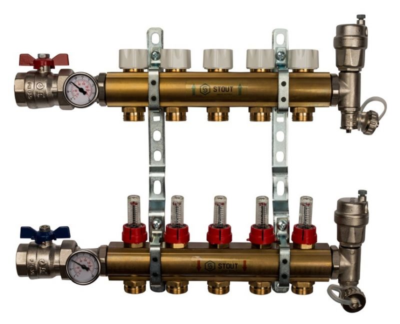 Stout 1"x3/4" на 5 выходов коллектор с расходомерами в сборе из латуни (SMB-0473-000005)