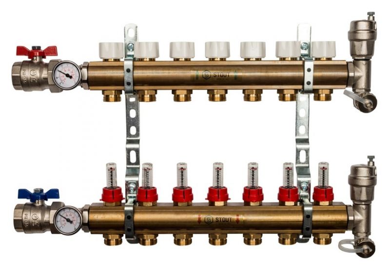 Stout 1"x3/4" на 7 выходов коллектор с расходомерами в сборе из латуни (SMB-0473-000007)