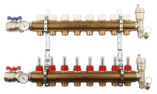 Stout 1"x3/4" на 8 выходов коллектор с расходомерами в сборе из латуни (SMB-0473-000008)