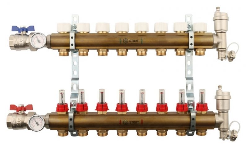 Stout 1"x3/4" на 8 выходов коллектор с расходомерами в сборе из латуни (SMB-0473-000008)