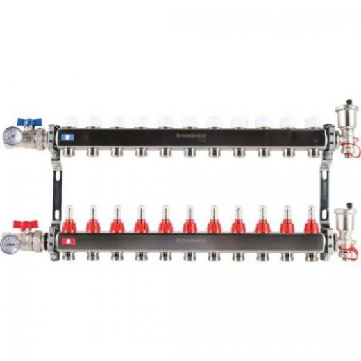 Rommer коллектор 1"x3/4", 11 контуров с расходомерами в сборе из нерж. стали RMS-1210-000011