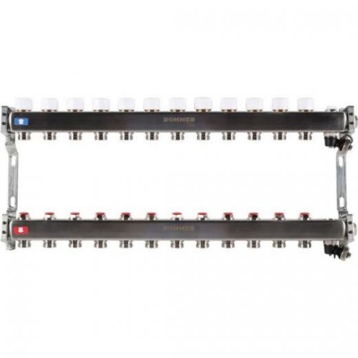 Rommer коллектор 1"x3/4", 12 контуров с запорными клапанами из нерж. стали RMS-3201-000012