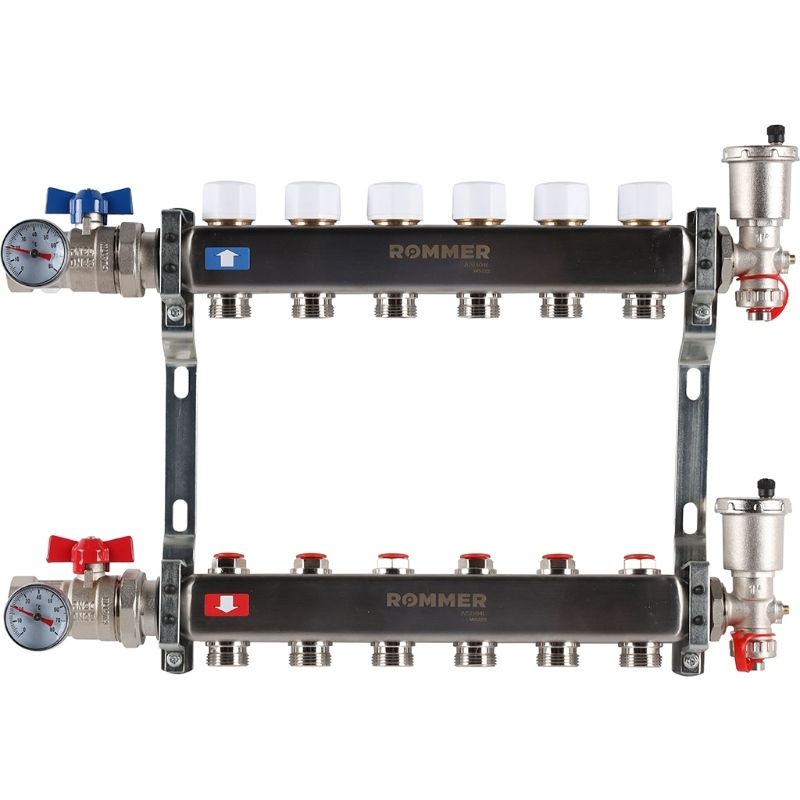 Rommer коллектор 1"x3/4", 6 контуров с запорными клапанами в сборе из нерж. стали RMS-3210-000006