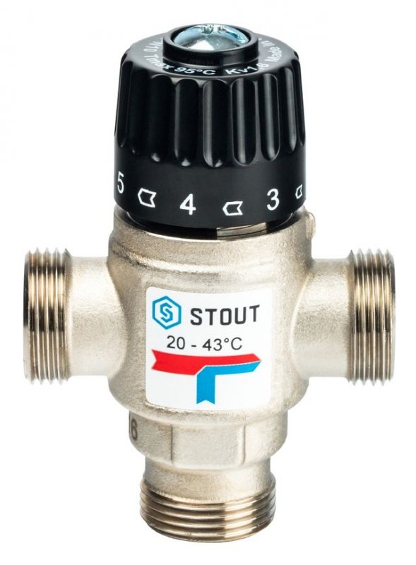 Stout термостатический смесительный клапан 3/4" НР 20-43°, kvs 1,6 бок.смешение (SVM-0120-164320)