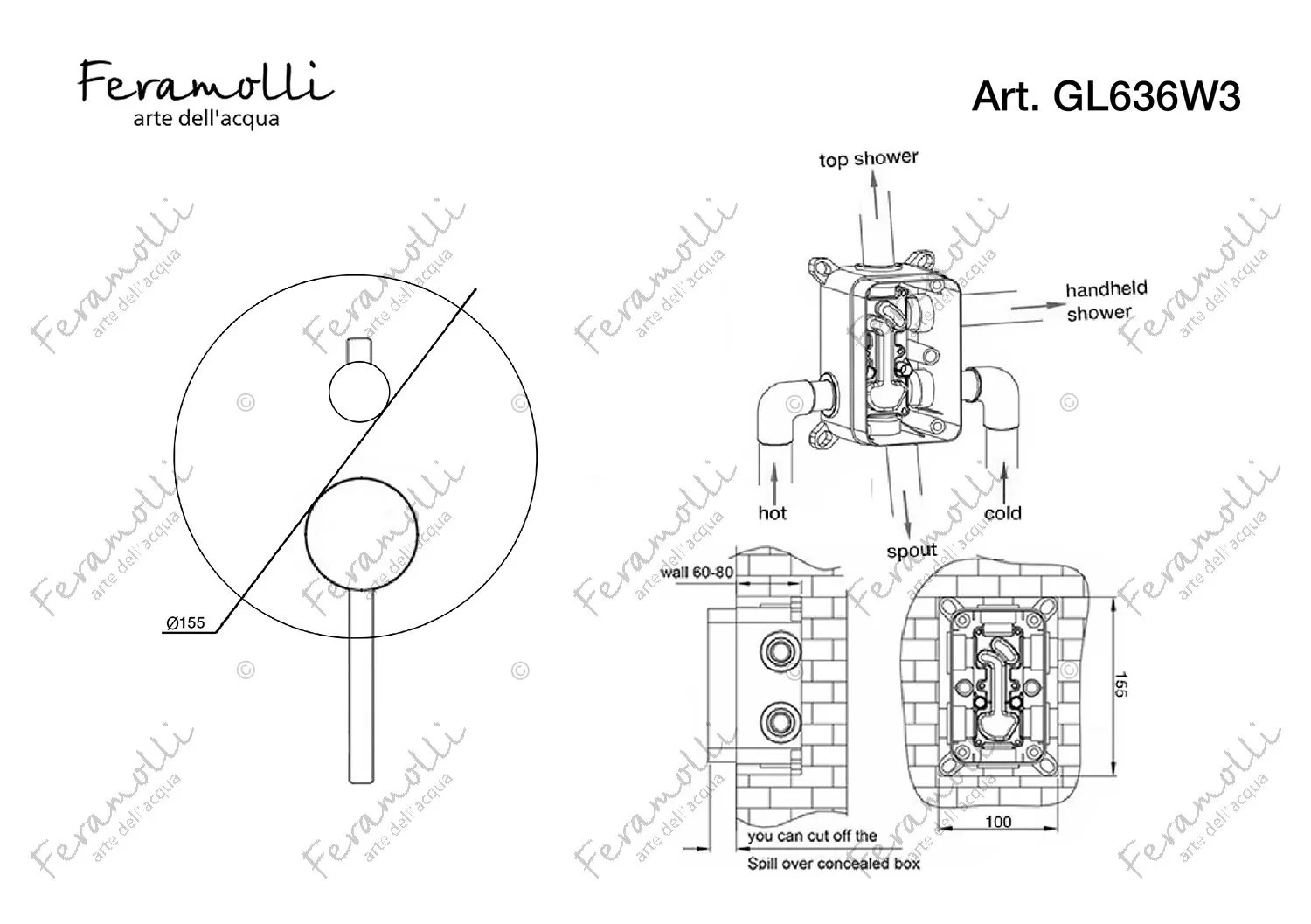 Смеситель однорычажный скрытого монтажа на 3 потока Feramolli GL636W3, золото схема 2