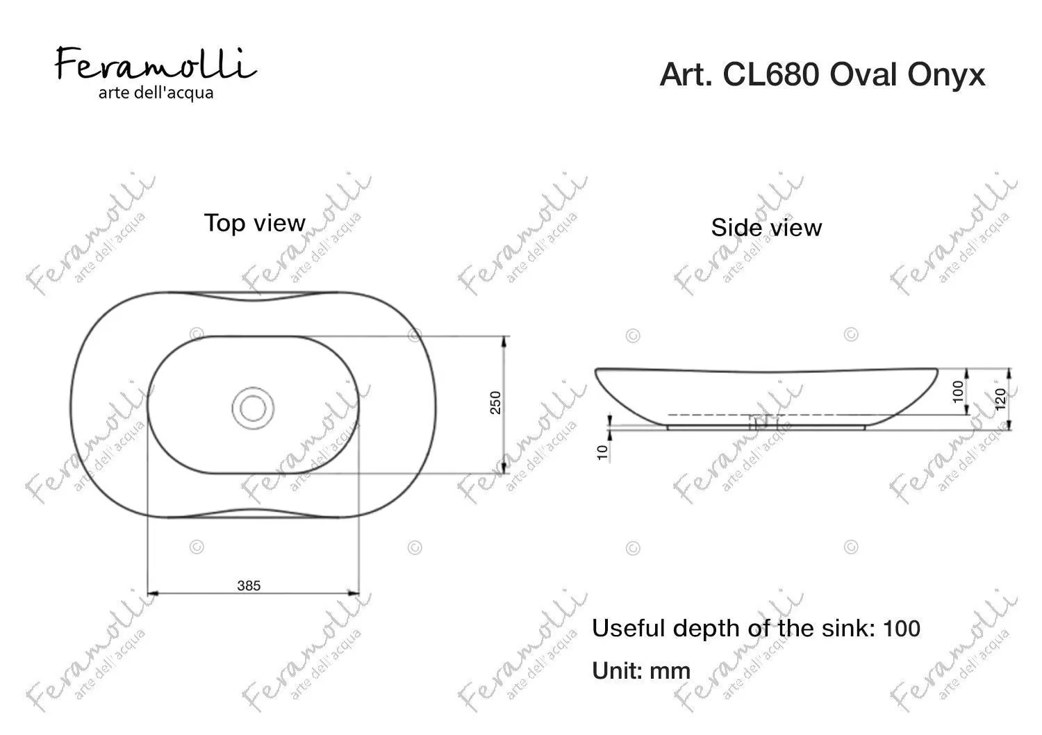 Раковина накладная Feramolli CL680 Oval Onyx, черный 38,5х25 схема 2