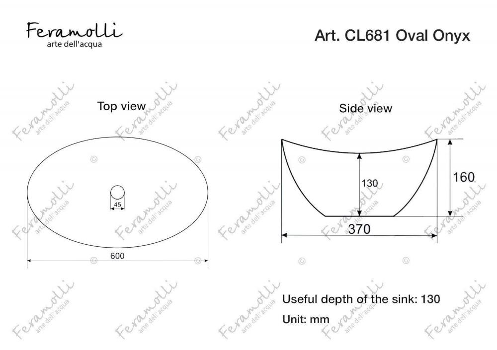 Раковина накладная Feramolli CL681 Oval Onyx, черный 60х37 схема 3