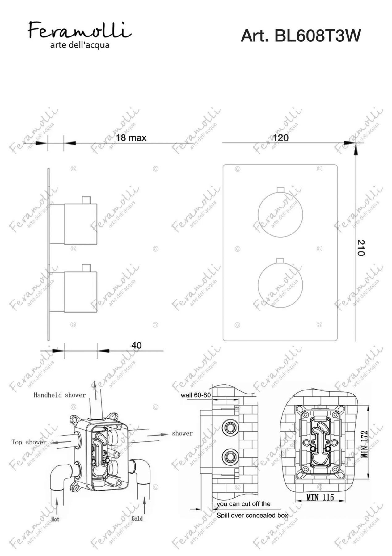 Термостатический смеситель скрытого монтажа на 3 потока Feramolli BL608T3W, черный схема 2